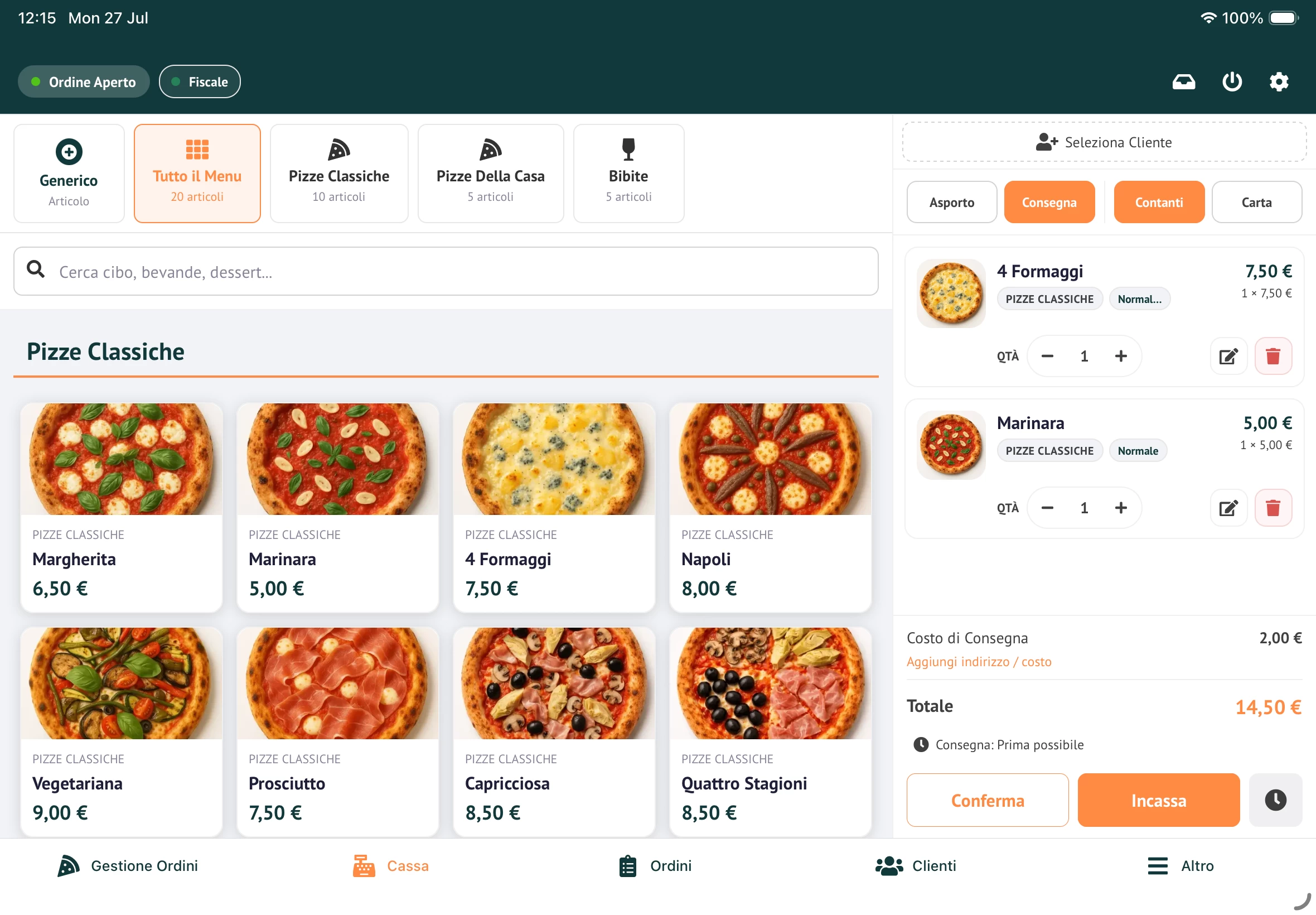Schermata della Cassa pomoAI con menu di pizze e due articoli nel carrello da asporto.