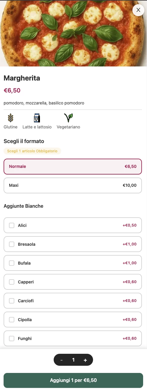 Schermata del menu online pomoAI con scelta del formato e delle aggiunte per una pizza Margherita.