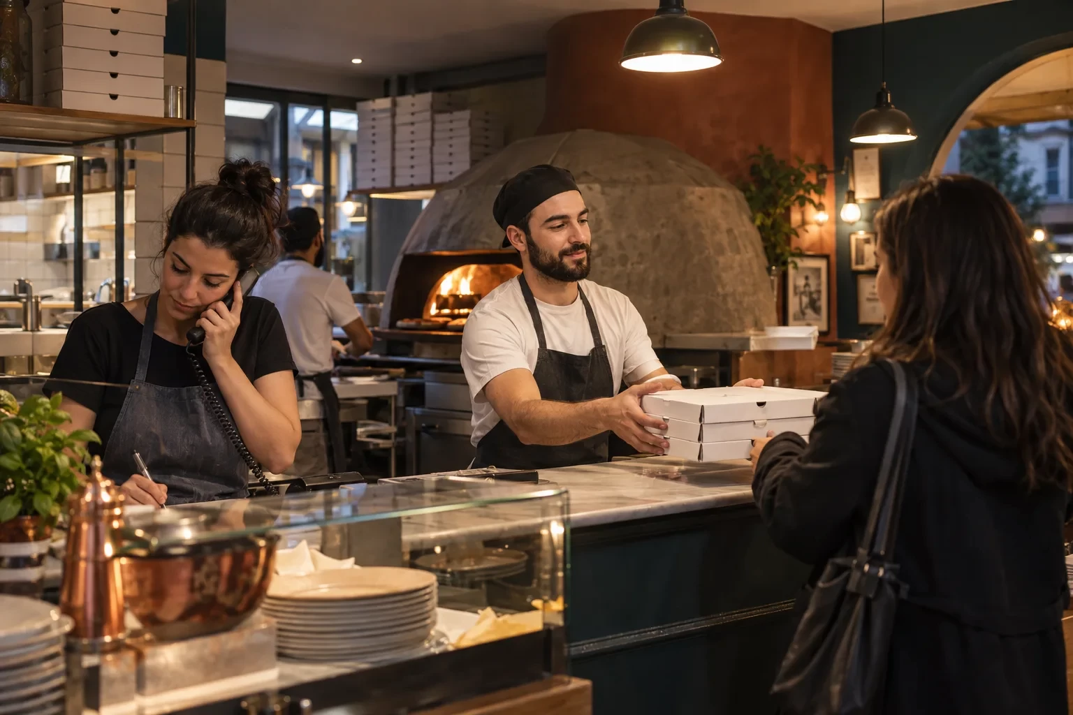 Staff di una pizzeria coordina un ordine telefonico e una consegna al banco durante il servizio.