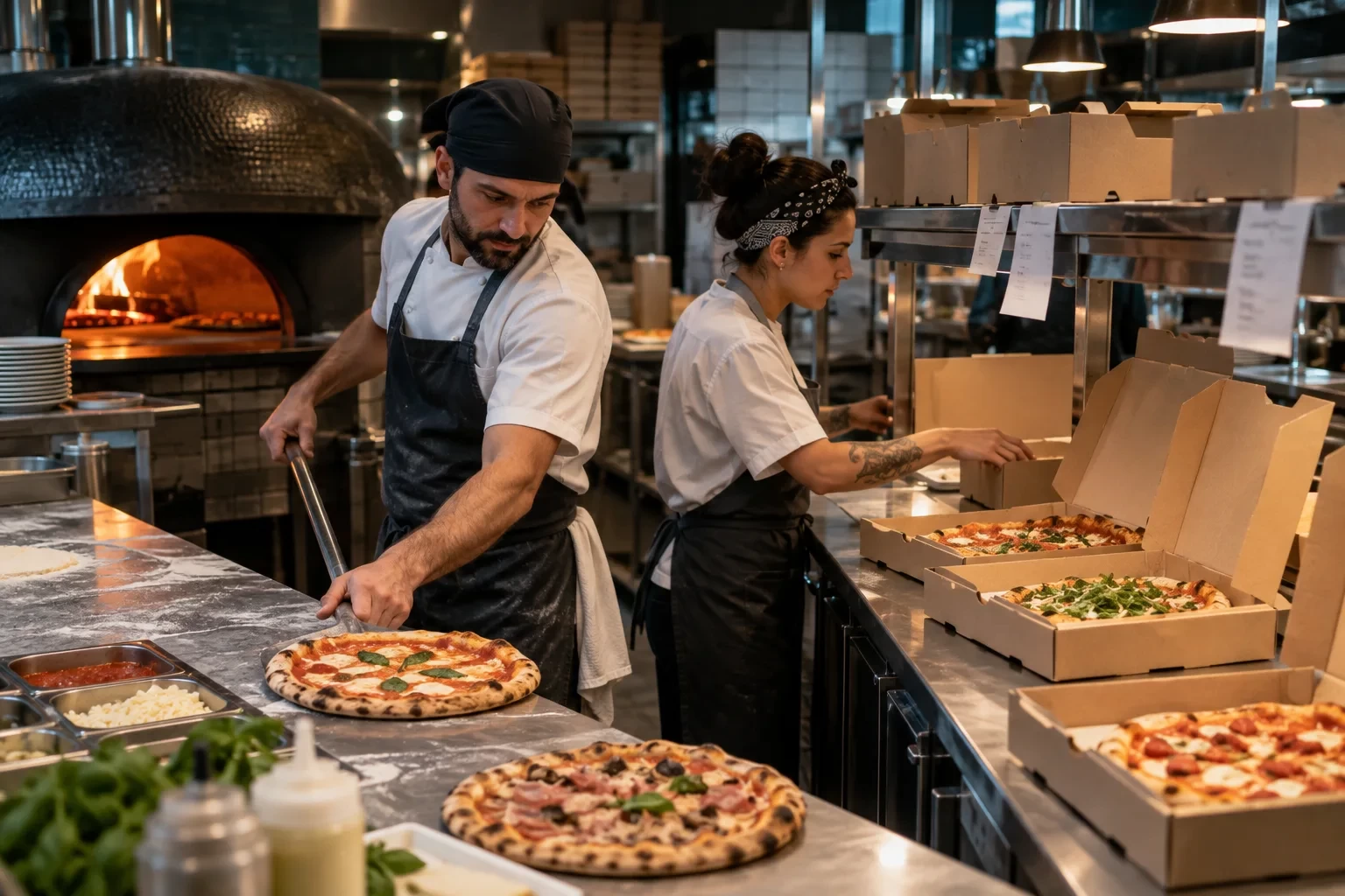 Pizzaiolo e addetta coordinano pizze e scatole da asporto tra preparazione e banco.