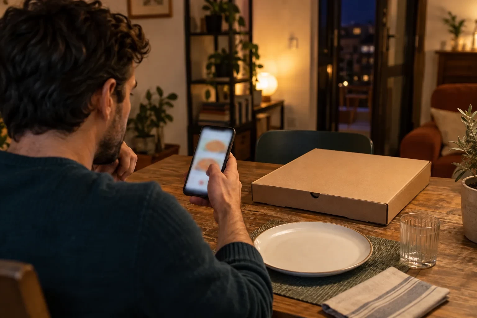Cliente consulta dal telefono il menu per ordinare una pizza da asporto.