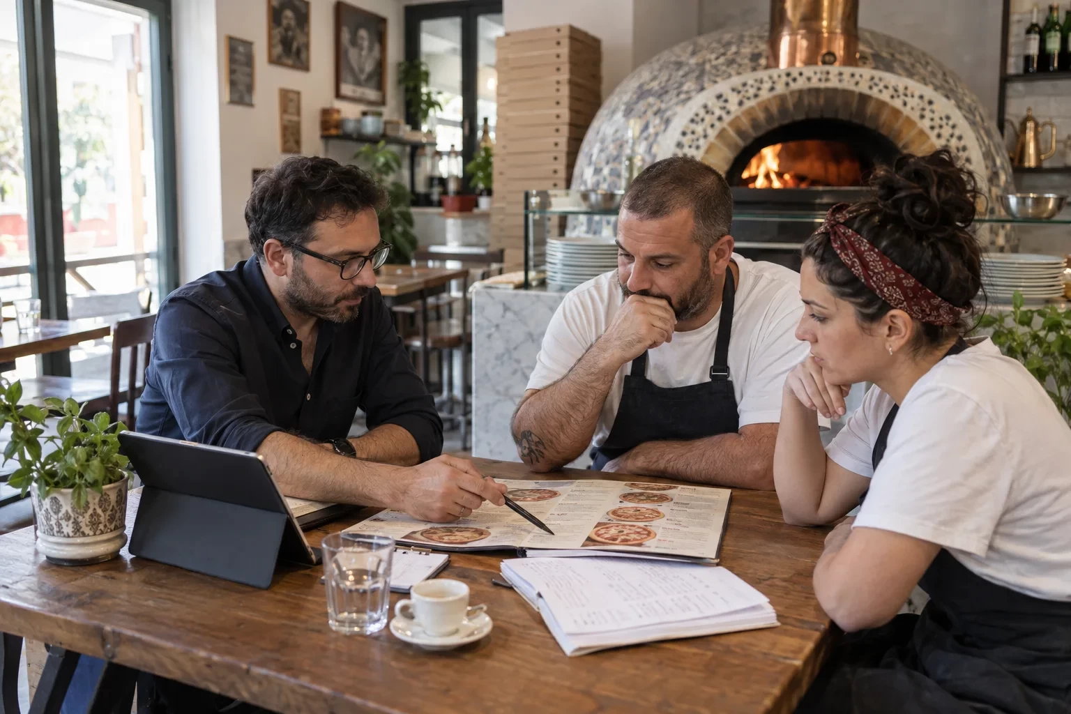 Titolare, addetta e consulente valutano menu e flusso operativo di una pizzeria.