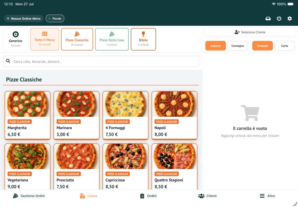Schermata della Cassa pomoAI su iPad con menu della pizzeria e riepilogo ordine vuoto.